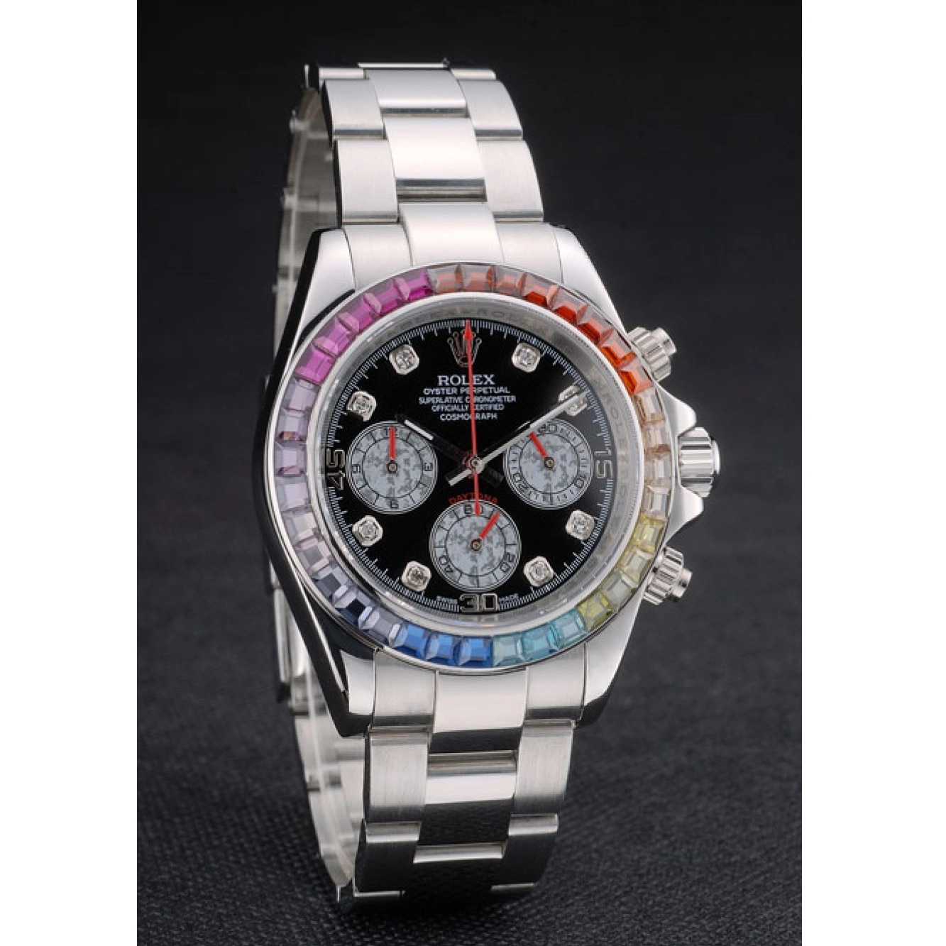 Aaa replica watch Steep Daytona Rainbow Dial 80250 Strap Bezel Stainless Cosmograph Black Crystals Rolex 1013